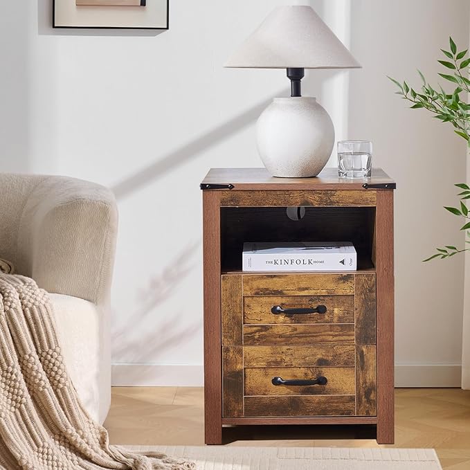 Farmhouse Night Stand Set of 2, Rustic Brown Nightstand for Bedroom, End Tables Without Charging Station, Bedside Table with Drawers, Wood Bedside Cabinet Dresser