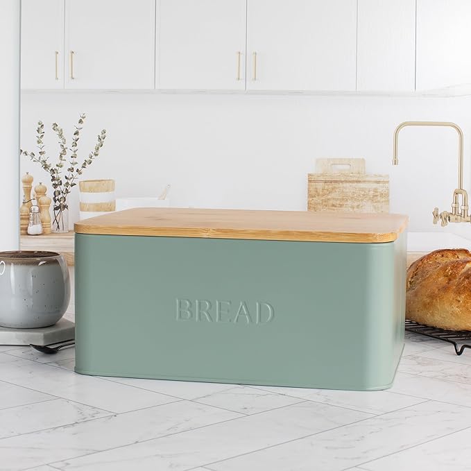 Beautiful Bread Box With Wooden Lid For Your Kitchen Countertop - Spacious Container Perfectly Stores Your Homemade Bread, English Muffins & Bagels - Quality Cutting Board Lid Keeps Bread Fresh