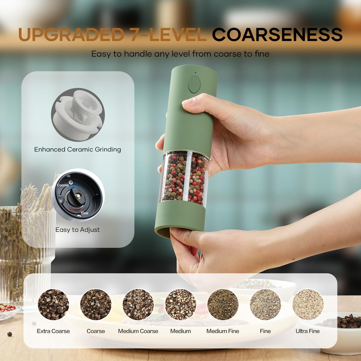 OPIIV Electric Salt & Pepper Grinder Set (2 Pack) – USB Rechargeable, Adjustable Coarseness, One-Handed Operation with LED Light – Automatic Spice Mill Shaker for Kitchen, Dining, or Camping