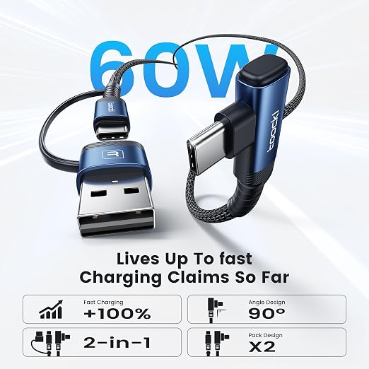 toocki 60W USB C Cable Right Angle Type C Fast Charging Cable 10FT 2-Pack | 2 in 1 Multi USB A/C to USB-C Cable for iPhone 17 16 15 Pro Plus Pro Max Air/MacBook Air/Samsung S25 Ultra/S24/ Note 20