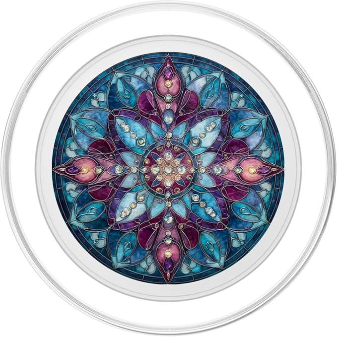 Stained Glass Style Blue Floral Mandala Bohemian Aesthetic PopSockets PopGrip for MagSafe