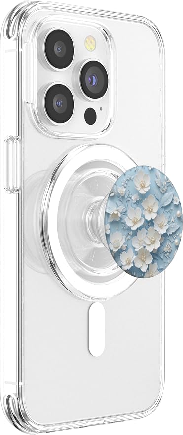 White Pearl Floral on Blue Illustration Print PopSockets PopGrip for MagSafe