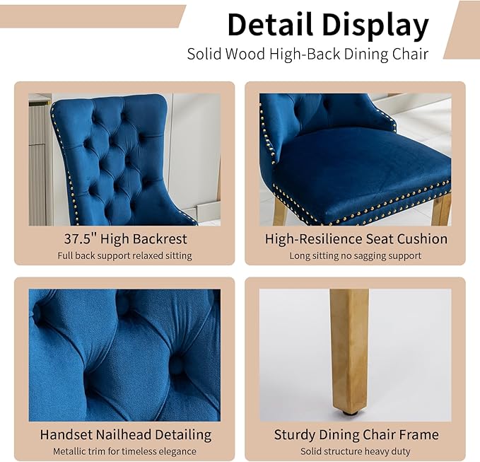 Luxury Upholstered Dining Chairs Set of 4, Blue Kitchen Chair with Golden Metal Legs, Velvet Tufted Back Dining Chair, Sillas de Comedor, Modern Kitchen & Dining Room Chairs (Blue, 4 Pcs)