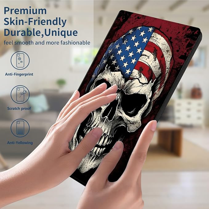 Slim Case for Amazon Kindle Fire Max 11 Case (13th Generation 2023 Release) 11 PU Leather Folio Stand Adjustable Smart Cover with Auto Wake/Sleep for Kindle Fire 11 TabletA American Flag Skull