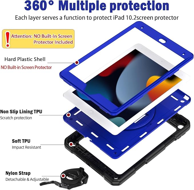 BMOUO for iPad 9th/8th/7th Generation Case 10.2 Black | Shockproof Rotating Stand Shoulder Hand Strap iPad 9th/8th/7th Generation Case with Pen Holder for iPad 10.2“ 2021/2020/2019