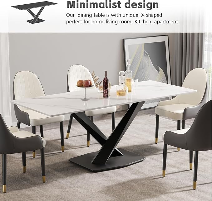 Modern Rectangle Marble Dining Table for 6,63" White Marble Sintered Stone Top Dining Table,Rectangle Dining Room Table with X-Shape Carbon Steel Pedestal for Kitchen/Living Room(Table Only)
