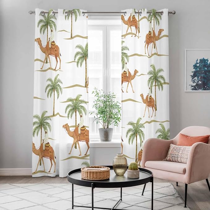 2 Panel Kitchen Cafe Curtains, Desert Camels Sunlight Filtering Nature Air