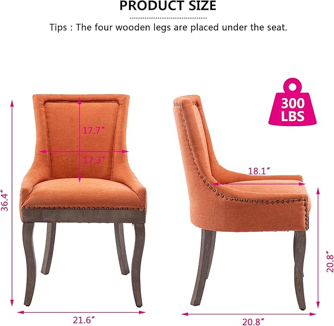 Farmhouse Dining Chairs Set of 6, Upholstered Fabric Dining Room Accent Chairs with Wood Legs & Bronze Nailhead, High Wingback Kitchen Chairs for Living Room Hotel Apartment, Orange