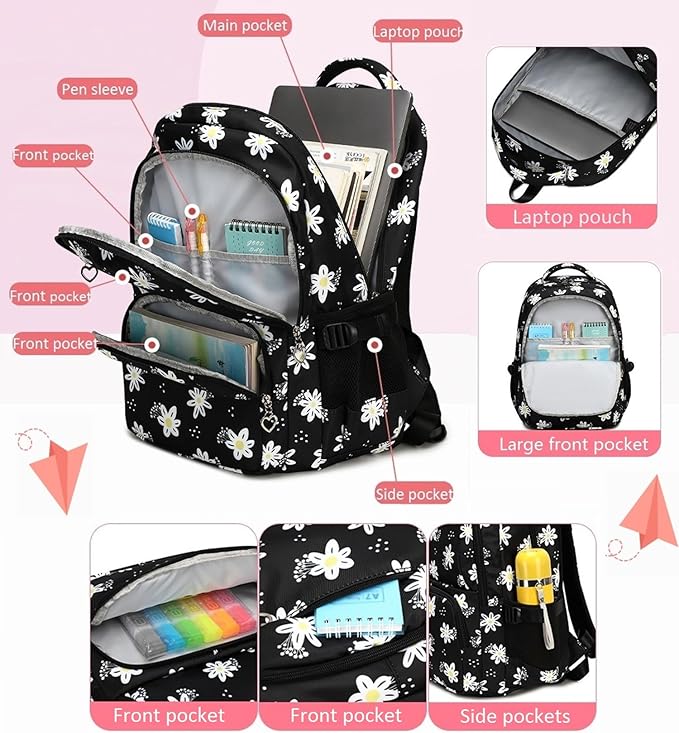 3Pcs Daisy Backpack for Girls with Lunch Box Kids School Bag with Lunch Bag Bookbag for Elementary School