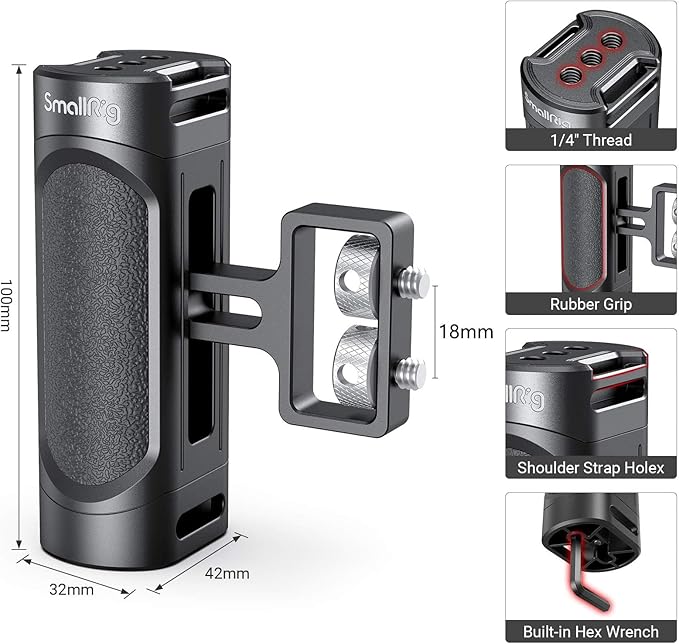 SMALLRIG Mini Side Handle Handgrip with Dual 1/4"-20 Screw Mount for Mirrorless Digital Camera DSLR Camera Small Camera Cage Built-in Wrench, Up and Down Adjustable - 2916
