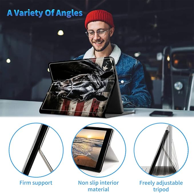 for All-New Kindle Fire HD 10 &amp 10 Plus Tablet (13th/11th Gen 2023/2021 Release) 10.1 + Screen Clean Pad Slim PU Leather Multi-Angle Kickstand Cover with Auto Wake/Sleep Horse with US Flag