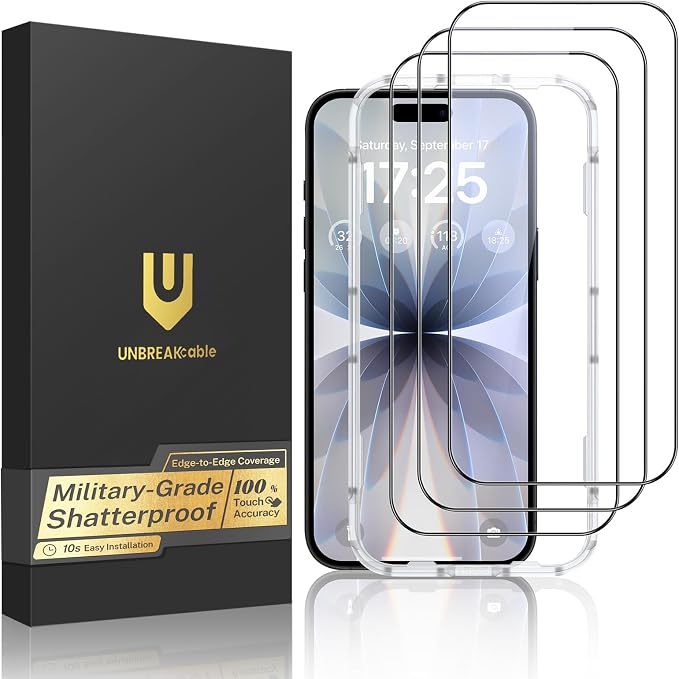 UNBREAKcable 3-Pack Screen Protector for iPhone 15 Double Shatterproof Tempered Glass [Easy Installation Frame] [99.99% HD Clear] [9H Hardness] [Full Coverage] [Case Friendly] for Apple 15 6.1 inch