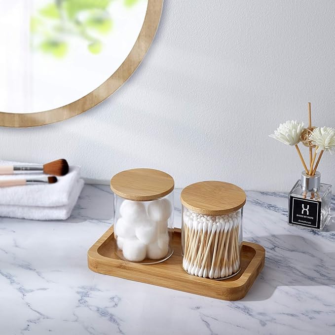 Qtip Holder With Vanity Tray, Glass Apothecary Jars With Lids for Bathroom, Cotton Ball Swab Pad Rounds Holder Canister Jars for Restroom Decorations and Organizer