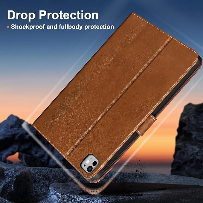Gexmil Leather Case for iPad Pro 13 Inch M5/M4 2025/2024Crocodile Brown | Genuine Leather Cover with Magnetic ClosureSmart Folio Auto Sleep/WakeProtective ShockproofAdjustable Stand