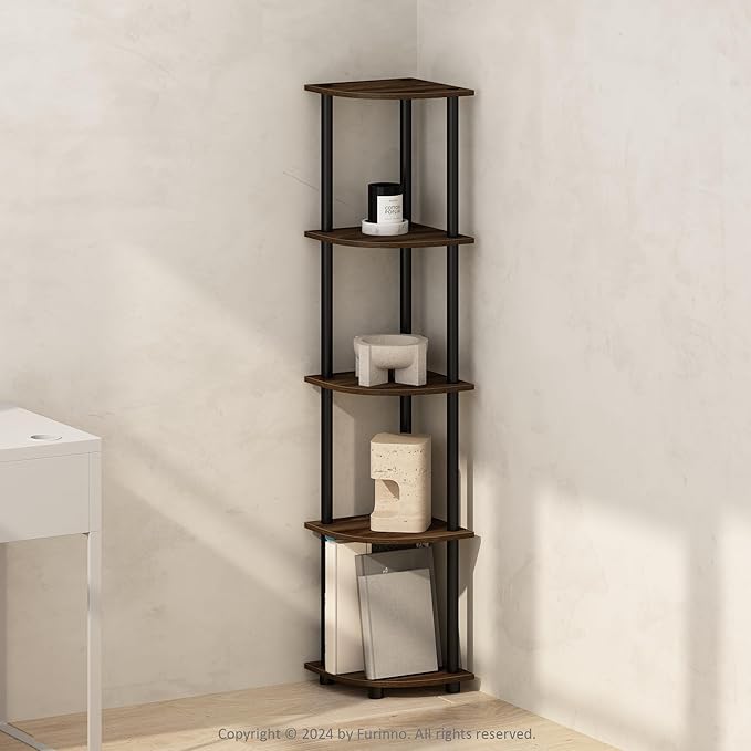 Furinno Turn-N-Tube Storage Shelves, 5-Tier Book Shelf, Corner Shelf, Toolless Open Shelves, for Organization and Storage, Living Room, Home Office, Hallway, Bedroom, Columbia Walnut