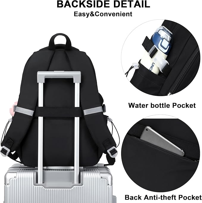 School Bag for Teens Girls,Girls Backpack Set,3 PCS Kids Backpack for Women,15.6 Inch Laptop Middle High School College Student Casual Travel Daypack with Lunch Box Pencil Pouch Set(Black)
