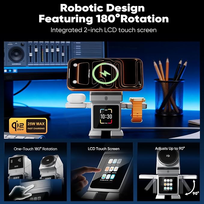 Robot 7-in-1 Magnetic Wireless Charging Station with Qi2 25W Fast Charging | Multifunctional Rotating Charger for Apple Multiple Devices LCD Display Bluetooth Speaker Alarm Clock 45W Adapter Sliv