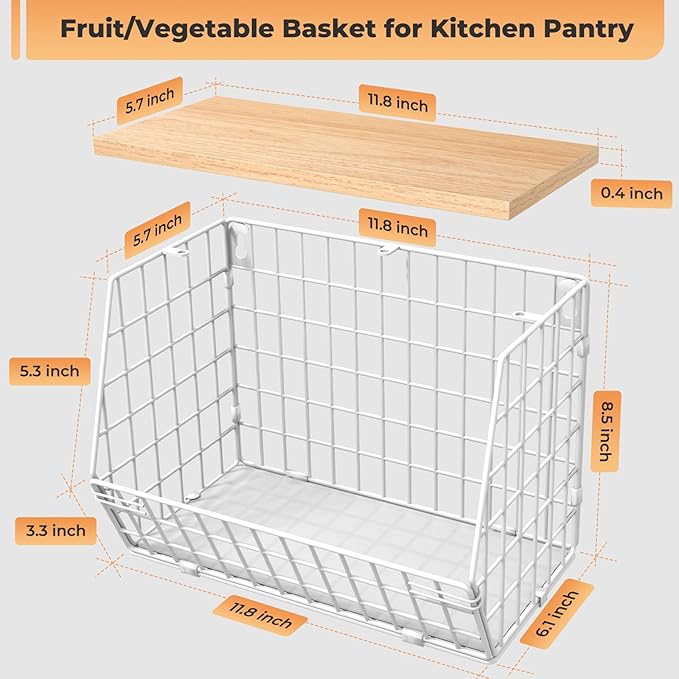 White Fruit Bowl Wire Basket Storage Pantry Fruit and Vegetable Storage Fruit Basket for Kitchen Counter Stackable Wall Mounted Hanging Basket Wire Basket with Wood Lid with Hanger Hooks