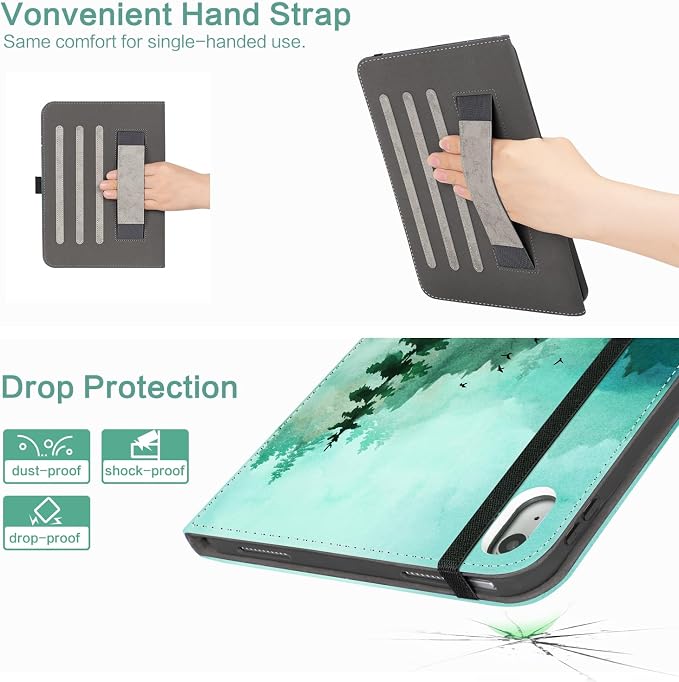 Lokigo Case for iPad (A16) 11th/10th Generation Aurora Forest | for iPad 11th-11 Inch/10th-10.9 Inch Stand Cover Pencil Holder/Hand Strap/Pocket Support Touch ID Auto Wake/Sleep