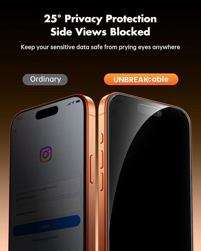 UNBREAKcable Privacy Screen Protector for iPhone 15 (6.1) 25° Anti-Spy Tempered Glass Easy Install Alignment Frame Case-Friendly 9H Hardness Anti-Fingerprint 3-Pack