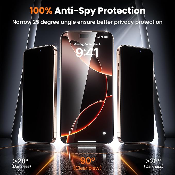 3-Pack for iPhone 16 Plus/15 Plus Screen Protector Privacy 9H+ Tempered Glass Scratch &amp Drop Resistant Smooth &amp Clear Easy Installation Full Coverage