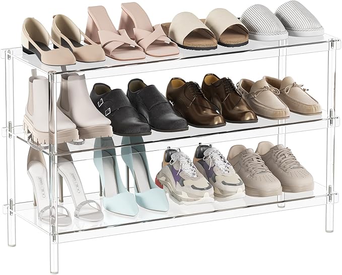 Aquiver 3-Tier Acrylic Shoe Rack - Modern Shoe Rack for Closet - Shoe Storage Organizer for Entryway, Bedroom, Living Room - 32.3'' L x 11.8'' W x 20.3'' H, Holds 12-16 Pairs of Shoes, Easy to Clean