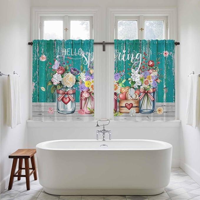 Spring Flowers Tier Curtains, Farmhouse Watercolor Teal Wood Grain Light