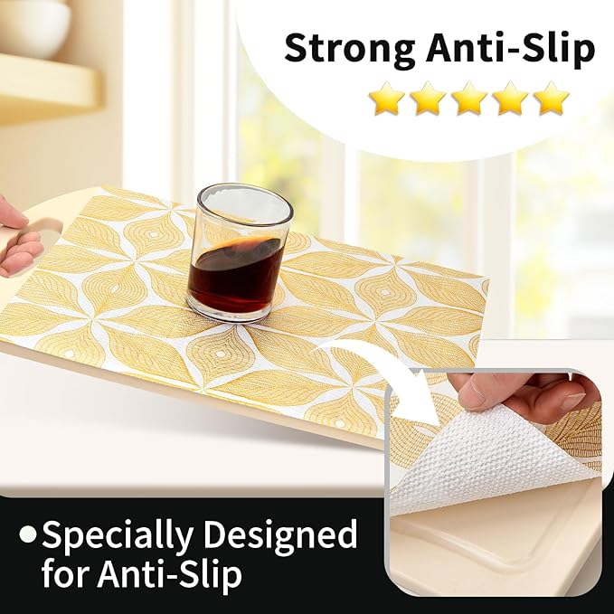 Shelf Liners for Kitchen Cabinets 12in x 30FT, Non Adhesive Cabinet Liner Strong Non-Slip Golden Leaf Drawer Liner, Easy to Clean for Shelf, Cabinet with Knife and Tape Measure