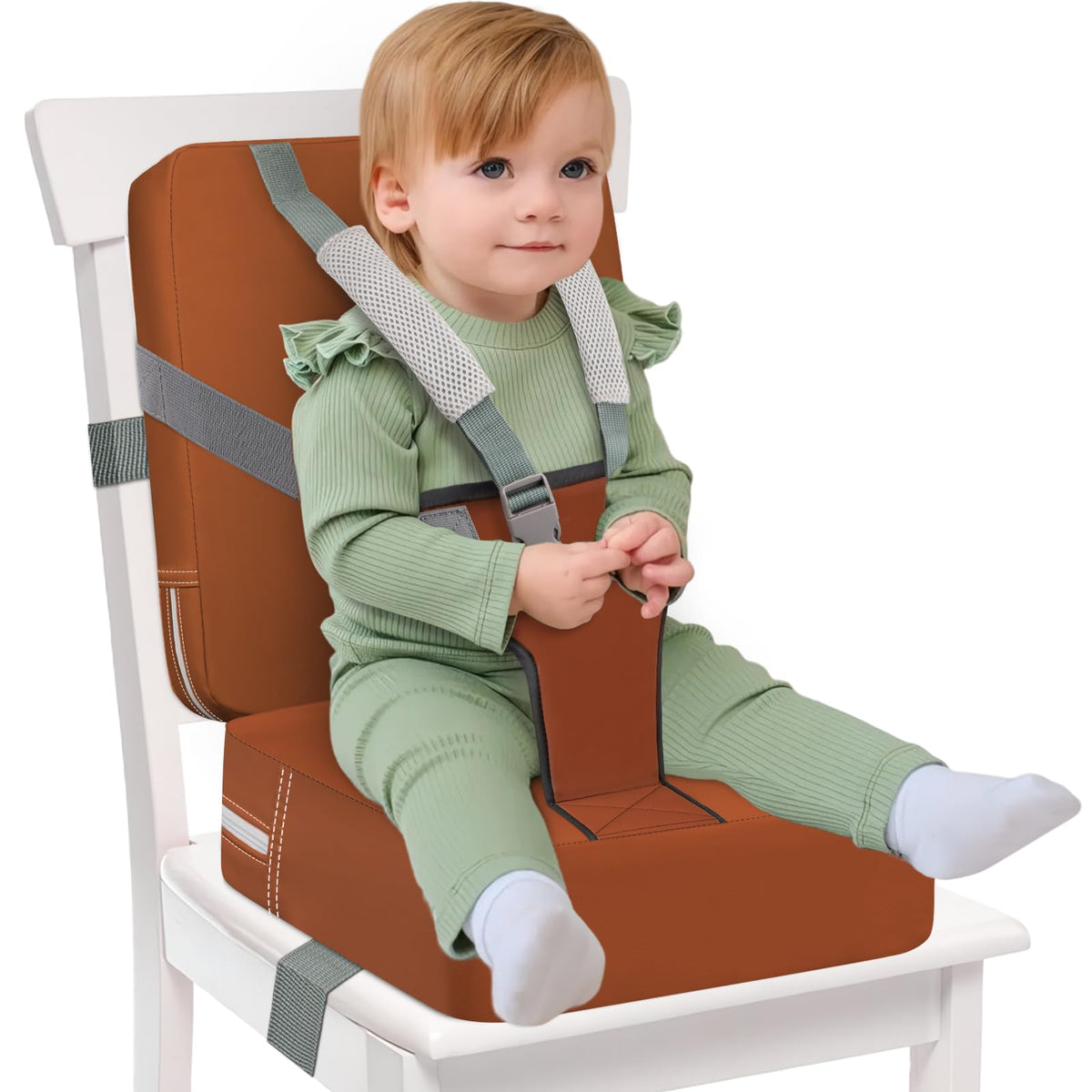 Toddler Booster Seat for Kitchen Chair & Dining Table – Waterproof PU Foam Cushion with Backrest & Safety Straps – Foldable, Lightweight Design for Kids Ages 2-6 – Easy to Clean