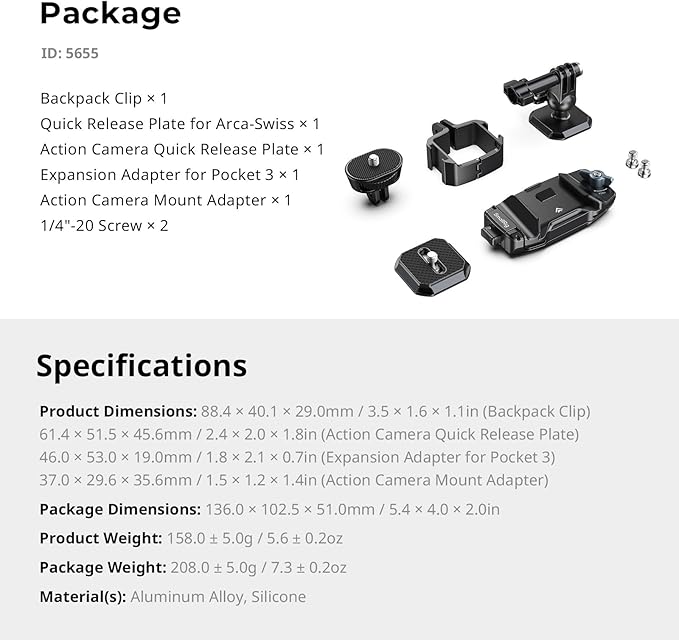 SMALLRIG Universal Three-in-One Camera Clip Kit, Quick Release System, Backpack Clamp for Mirrorless/DSLR, for Action Cameras, for DJI Pocket 3, Backpack Strap Clip Kit for Arca-Swiss - 5655