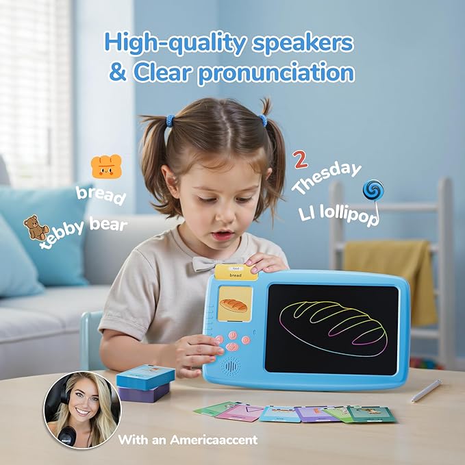 Talking Flash Cards for Toddlers: 2-in-1 LCD Writing Tablet with 510 Sight Words, Montessori Language Learning, Autism & Speech Therapy Toys for Children Ages 1-6, Blue