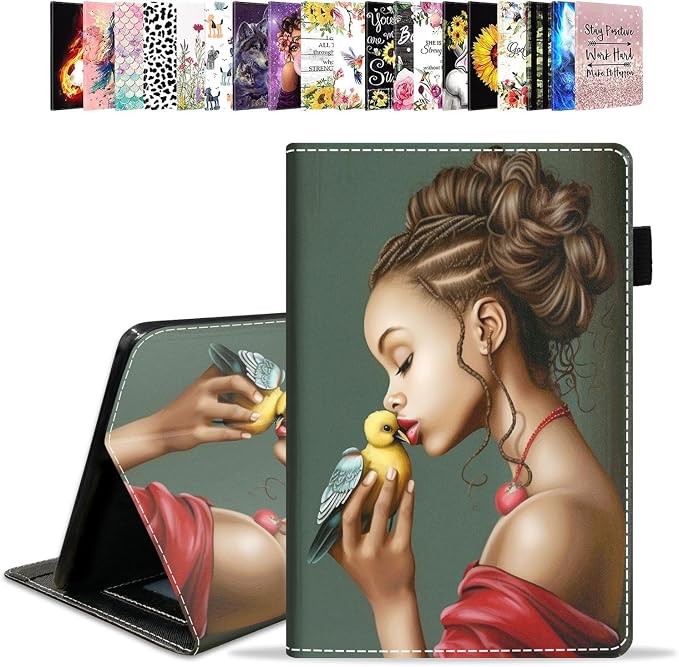 Case for Amazon Kindle Fire HD 10 Tablet 10.1 (9th/7th Generation 2019/2017 Release) - PU Leather Folio Case with Smart Auto Wake/Sleep African American Girl