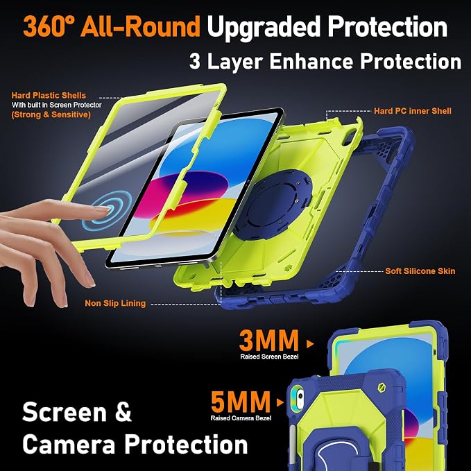 Case for iPad A16 11th/10th Generation 11/10.9 Inch 2025/2022 Dinines Full-Body Drop Protection Shockproof iPad a16 Case with Screen Protector 360° Rotating Stand Shoulder Strap Pencil Holder Black