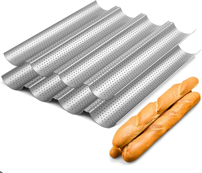 Tiawudi 2 Pack Nonstick Perforated Baguette Pan 15" x 13" for French Bread Baking 4 Wave Loaves Loaf Bake Mold Oven Toaster Pan (Silver)