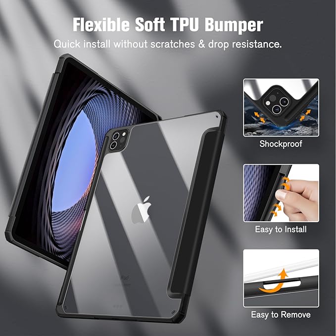 Fintie Hybrid Slim Case for iPad Pro 11-inch (4th / 3rd Generation) 2022/2021 - [Built-in Pencil Holder] Shockproof Cover w/Clear Transparent Back Shell, Also Fit iPad Pro 11" 2nd Gen, Black