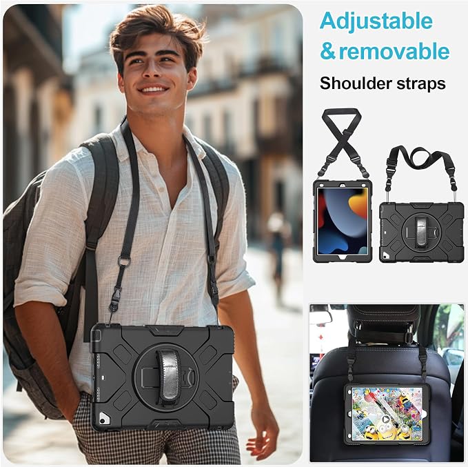 Case for iPad 9th/8th/7th Generation 10.2 Inch Black | Shockproof Protective Silicone Cover with Rotatable Stand-Screen Protector-Handle- Shoulder strap- Pencil holder