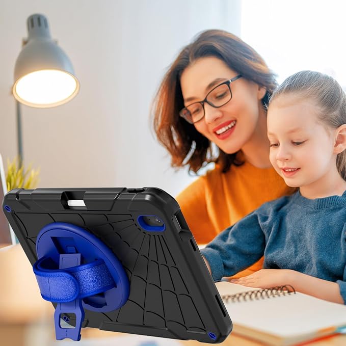 for iPad (A16) 11th/10th Generation Case 2025/2022 (11″/10.9″) Sturdy Heavy Duty Full-Body Shockproof Protective Case Rotating Stand Hand/Shoulder Strap (Black)