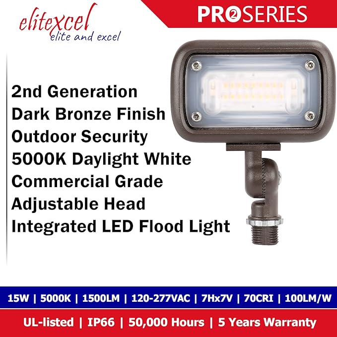 Flood Lights Outdoor, Gen2 15W Landscape Lighting, 50W MH Replace with 1500 Lumen 5000K Daylight Spotlight, 120-277V Garage Yard Patio Tree Security Light, UL-Listed, 5 Years Warranty