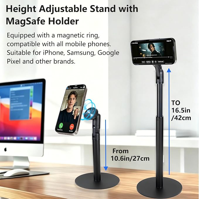 Phone Stand for Desk with MagSafe Magnetic Function，Aluminum Alloy Phone Stand 360° Rotatable &amp Telescopic for Video Recording，Stand for iPhone 17 Pro Max 16/15/14/13/12 and for Samsung.