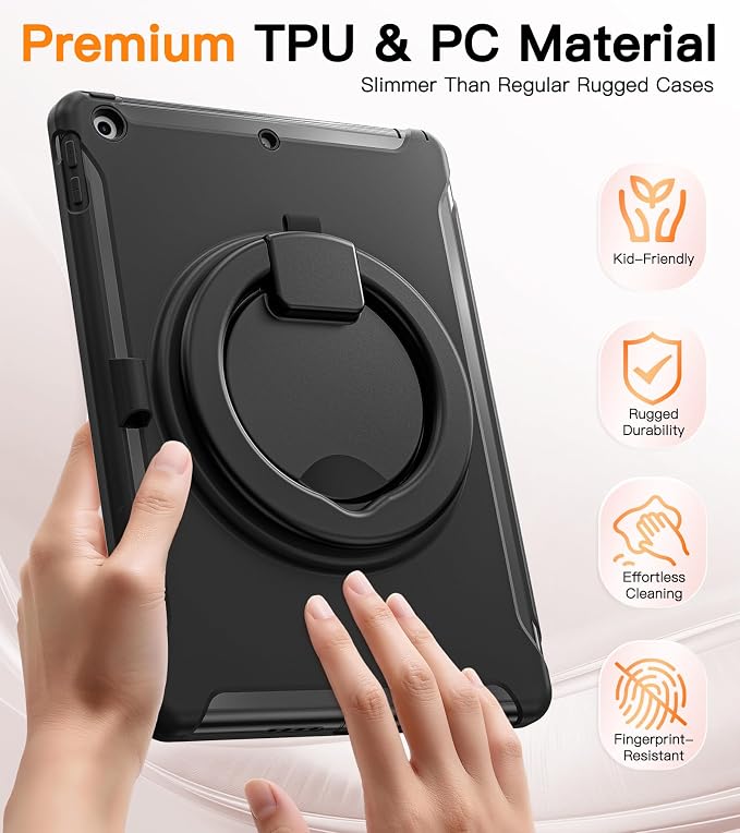 BATYUE Shockproof Case for iPad 9th 8th 7th Gen 10.2 Inch Black | 3in1 PC+TPU Heavy Duty 360° Rotatable Ring Stand for Grip Carry Hang &amp Multi-Angle View Screen Protector Pencil Holder