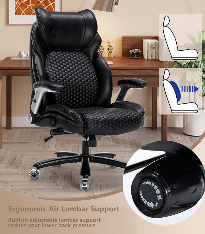 Office Chair Big and Tall 500lbs, Desk Chair Comfy, Oversized Computer Gaming Chair Extra Wide, Executive PU Leather Heavy Duty, Flip-Up Arm&Ergonomic Lumbar Support with Rubber Wheel