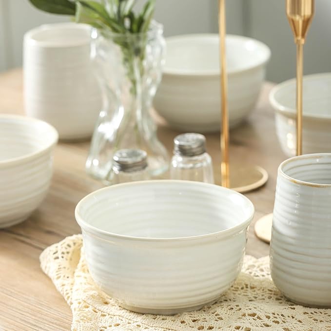 Hasense Cereal Bowls, 20 Ounce Soup Bowls Set of 6, Ceramic Deep Bowl for Kitchen, Perfect for salad Pasta Dessert Oatmeal, Dishwasher and Microwave Safe, Clay-Infused White