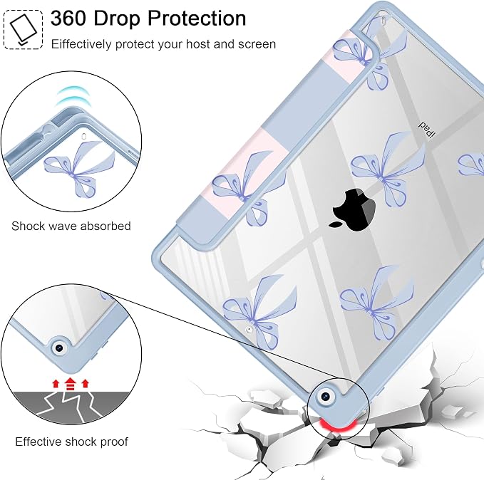 Case for iPad 9th/8th/7th Generation 10.2-Inch (2021/2020/2019 Release) with [Built-in Pencil Holder] Shockproof Cover with Clear Transparent Back Shell &amp Auto Wake/Sleep - Blue Bows
