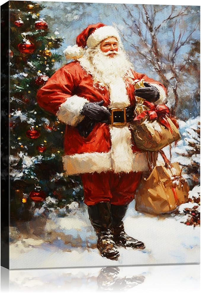 Vintage Santa Claus Christmas Canvas Wall Art - Festive Holiday Painting for Living Room,Bedroom & Bathroom, Cozy Winter Decor Framed Print, Perfect Christmas Gifts & Home Decoration