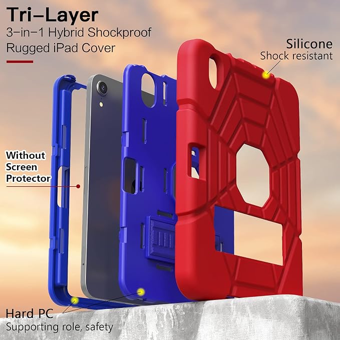 Grifobes Case for iPad mini 7th 2024 (A17 Pro) / Mini 6th Generation 2021 8.3 Heavy Duty Shockproof Cover with Pencil Holder Stand for i Pad Mini 7/6 Gen 8.3 inch Case (Black+Red+Red)