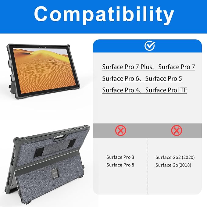 Case for 12.3 Microsoft Surface Pro 7+/7/6/5/4 Protective Rugged Cover Case with Surface Pen Holder and Hand Strap Compatible with Surface Pro Type Cover Keyboard (Black)