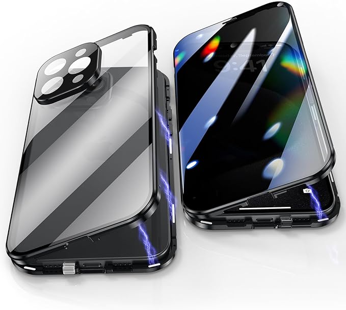 Jonwelsy Anti Peeping Case for iPhone 15 Pro (6.1"), 360 Degree Front and Back Privacy Tempered Glass Cover, Anti SPY Screen, Anti Peep Magnetic Adsorption Metal Bumper for iPhone 15 Pro (Black)