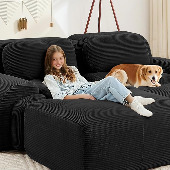 152" Modern Compressed Boneless Couch, 4 Seater Sectional Couches for Living Room, Black Corduroy Cloud Modular Sectional Sofa, Comfy Memory Foam, Extra Deep, Sofas para Sala, No Assembly