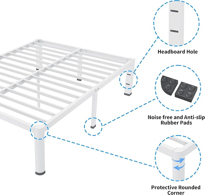 ROIL 14 Inch White Full Size Bed Frame with Rounded Corner and Headboard Hole Mattress Retainers 3500LBS Heavy Duty Steel Slats No Box Spring Needed Platform Noise-Free Easy Assembly