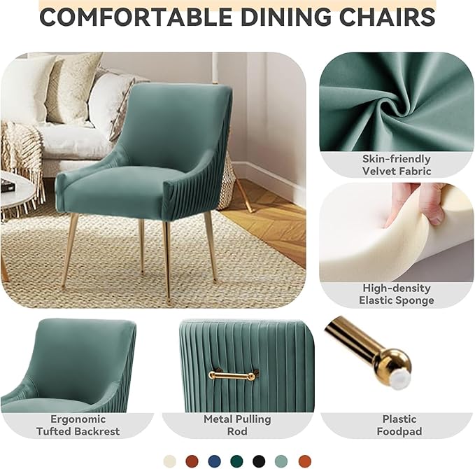 Dining Chairs, Accent Chairs Set of 6, Modern Upholstered Kitchen Dining Room Chairs with Gold Legs, Fabric Tufted Velvet Living Room Chairs for Reception Room Bedroom Guest Room (Green)